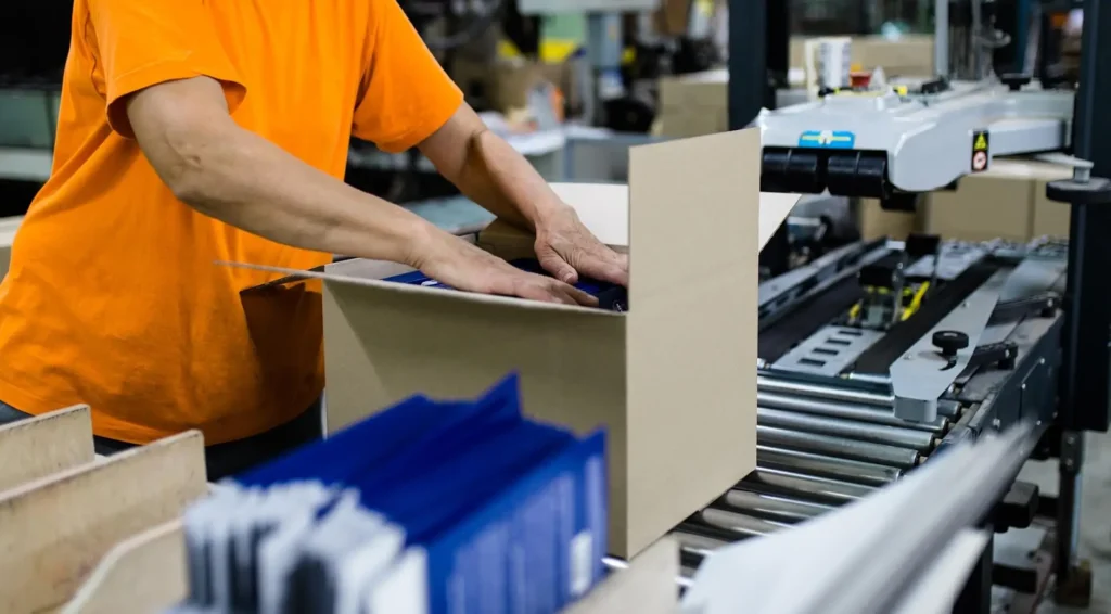 Worker in an orange shirt packing items into a cardboard box on a production line in a warehouse or fulfillment center.